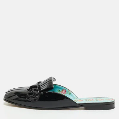 Pre-owned Gucci Gg Marmont Fringe Size 40 Black Patent Leather Flat Mules