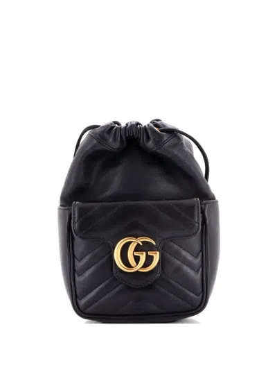 Pre-owned Gucci Gg Marmont Front Pocket Bucket Bag Matelasse Leather Mini Crossbody Bag In Black