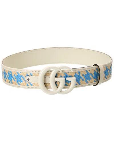 Gucci Gg Marmont Gg Raffia & Leather Belt In White