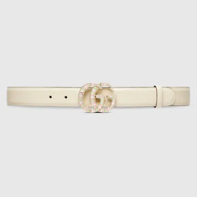 Gucci Gg Marmont Belt With Crystal Buckle In White
