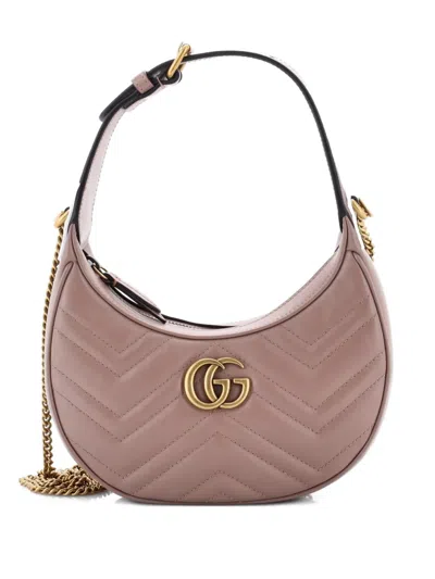 Pre-owned Gucci Gg Marmont Half Moon Matelasse Leather Mini Hobo Bag In Neutral