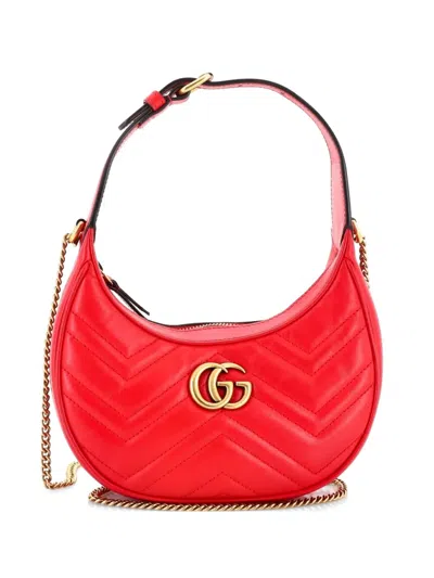 Pre-owned Gucci Gg Marmont Half Moon Matelasse Leather Mini Hobo Bag In Red