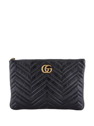Pre-owned Gucci Gg Marmont Matelasse Leather Clutch Bag In Black