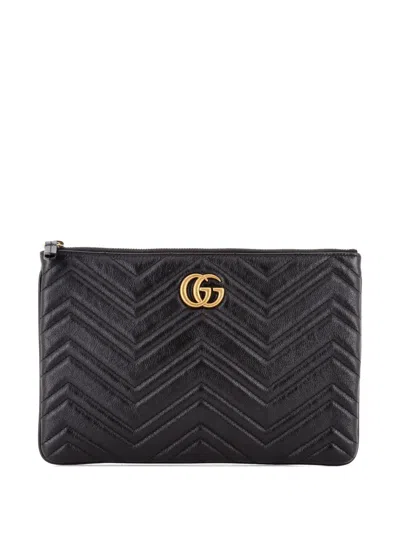 Pre-owned Gucci Gg Marmont Matelasse Leather Clutch Bag In Black