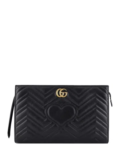 Pre-owned Gucci Gg Marmont Matelasse Leather Clutch Bag In Black