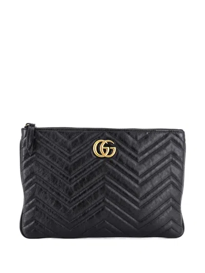 Pre-owned Gucci Gg Marmont Matelasse Leather Clutch Bag In Black