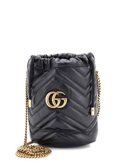 Pre-owned Gucci Gg Marmont Matelasse Leather Mini Bucket Bag In Black