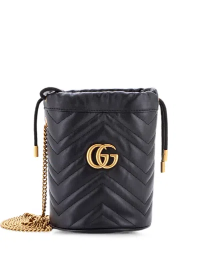 Pre-owned Gucci Gg Marmont Matelasse Leather Mini Bucket Bag In Black