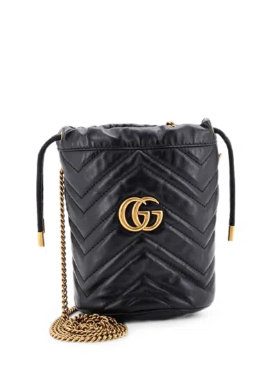 Pre-owned Gucci Gg Marmont Matelasse Leather Mini Bucket Bag In Black