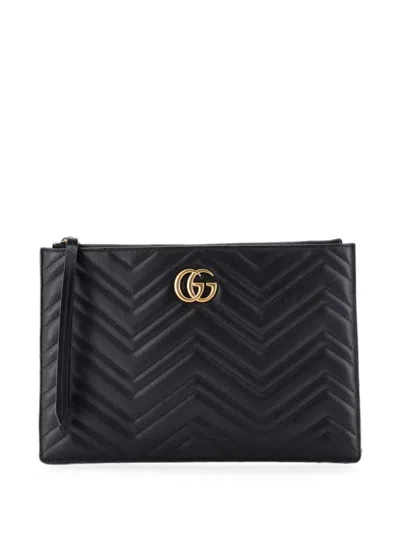 Pre-owned Gucci Gg Marmont Matelasse Leather Pouch In Black