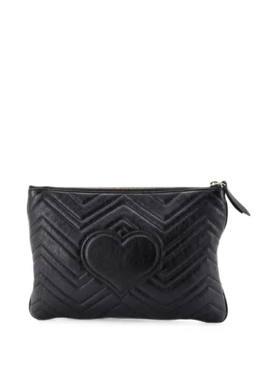 Pre-owned Gucci Gg Marmont Matelasse Leather Small Clutch Bag In Black