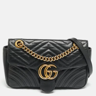 Pre-owned Gucci Gg Marmont Medium Black Matelassé Leather Shoulder Bag