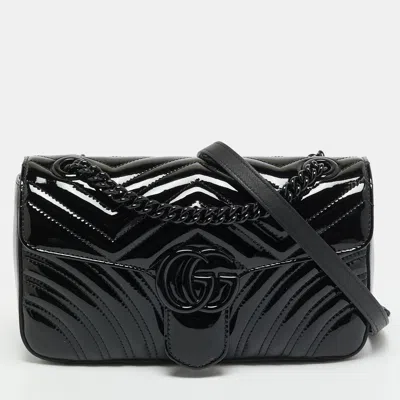 Pre-owned Gucci Gg Marmont Medium Black Matelassé Patent Leather Shoulder Bag