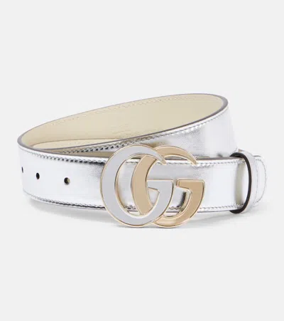 Gucci Gg Marmont Metallic Leather Belt In Silver