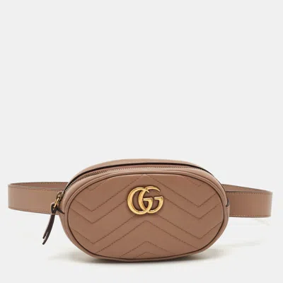 Pre-owned Gucci Gg Marmont Mini Beige Matelassé Leather Belt Bag In Sand