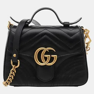 Pre-owned Gucci Gg Marmont Mini Black Matelasse Chevron Calfskin Leather Top Handle Bag