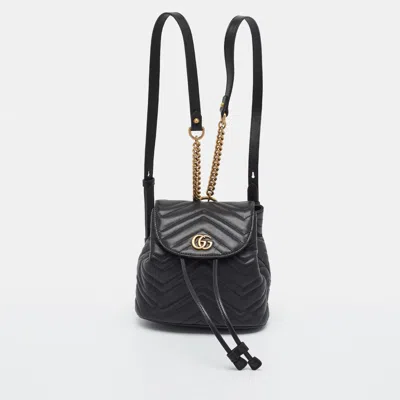 Pre-owned Gucci Gg Marmont Mini Black Matelassé Leather Drawstring Backpack
