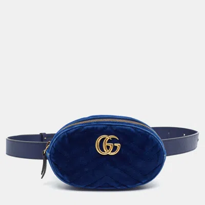 Pre-owned Gucci Gg Marmont Mini Navy Blue Matelassé Leather And Velvet Belt Bag