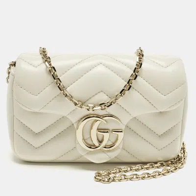 Pre-owned Gucci Gg Marmont Mini White Matelassé Leather Shoulder Bag