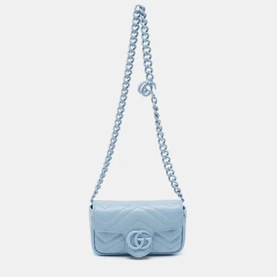 Pre-owned Gucci Gg Marmont Monochrome Blue Matelasse Leather Chain Belt Bag