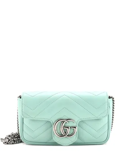 Pre-owned Gucci Gg Marmont Monochrome Flap Bag Matelasse Leather Super Mini Crossbody Bag In Green