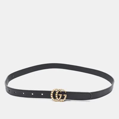 Pre-owned Gucci Gg Marmont Pearl Embellished 90 Cm Slim Buckle Belt Black Leather