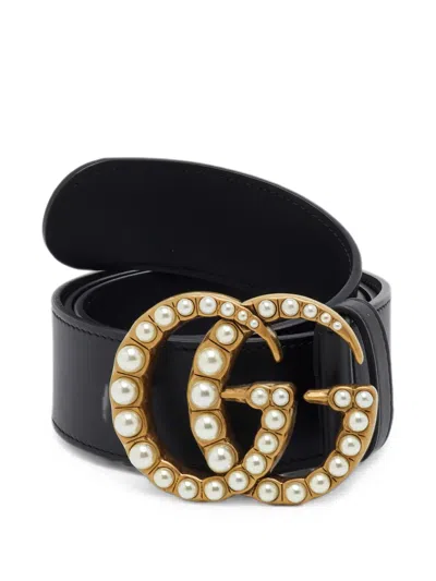 Pre-owned Gucci Gg Marmont Pearl-embellished Belt In Black