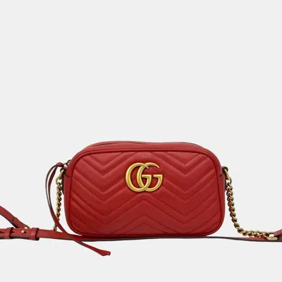 Pre-owned Gucci Gg Marmont Quilted Leather Mini Chain Shoulder Bag/pochette/sacoche Red