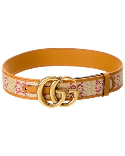 Gucci Gg Marmont Raffia & Leather Belt In Beige