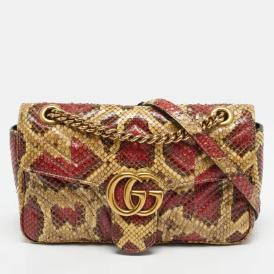 Pre-owned Gucci Gg Marmont Red/cream Matelassé Python Shoulder Bag