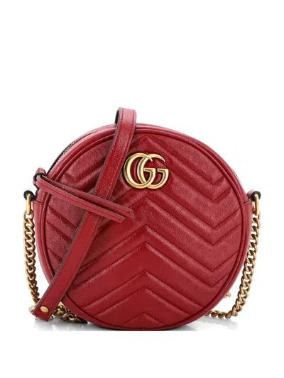 Pre-owned Gucci Gg Marmont Round Shoulder Bag Matelasse Leather Mini Crossbody Bag In Red