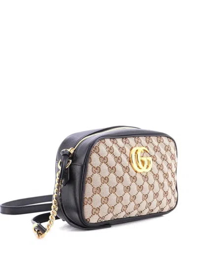 Pre-owned Gucci Gg Marmont Shoulder Bag Diagonal Quilted Gg Canvas With Leather Small Crossbody Bag In Black