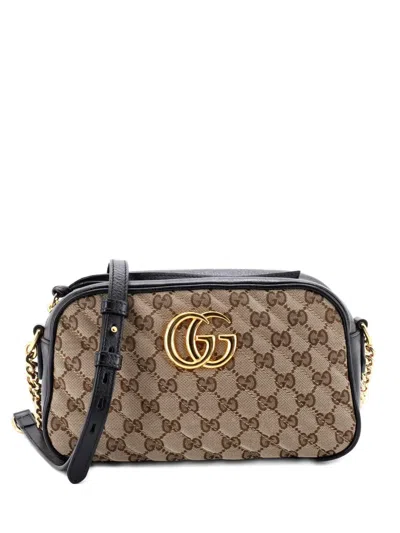 Pre-owned Gucci Gg Marmont Shoulder Bag Diagonal Quilted Gg Canvas With Leather Small Crossbody Bag In Black