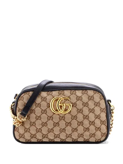 Pre-owned Gucci Gg Marmont Shoulder Bag Diagonal Quilted Gg Canvas With Leather Small Crossbody Bag In Black