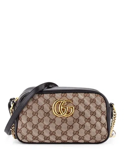 Pre-owned Gucci Gg Marmont Shoulder Bag Diagonal Quilted Gg Canvas With Leather Small Crossbody Bag In Black