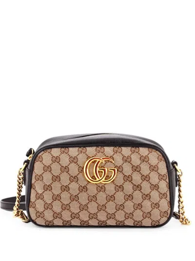 Pre-owned Gucci Gg Marmont Shoulder Bag Diagonal Quilted Gg Canvas With Leather Small Crossbody Bag In Black