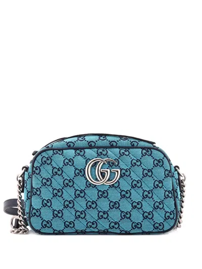 Pre-owned Gucci Gg Marmont Shoulder Bag Diagonal Quilted Gg Canvas With Leather Small Crossbody Bag In Blue