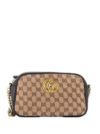 Pre-owned Gucci Gg Marmont Shoulder Bag Diagonal Quilted Gg Canvas With Leather Small Crossbody Bag In Neutral