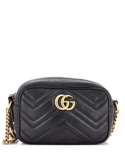 Pre-owned Gucci Gg Marmont Shoulder Bag Matelasse Leather Mini Crossbody Bag In Black