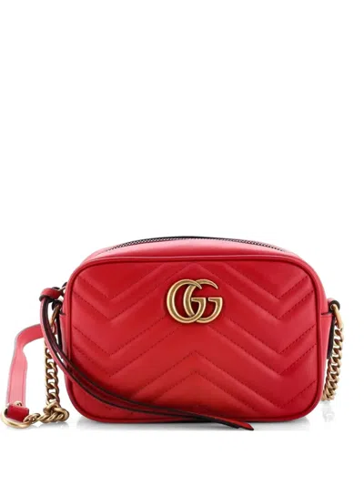 Pre-owned Gucci Gg Marmont Shoulder Bag Matelasse Leather Mini Crossbody Bag In Red
