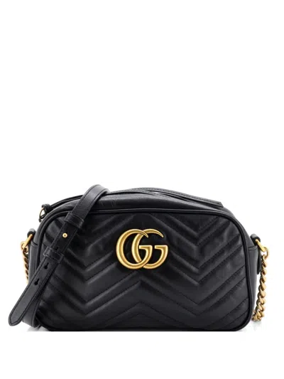 Pre-owned Gucci Gg Marmont Shoulder Bag Matelasse Leather Small Crossbody Bag In Black