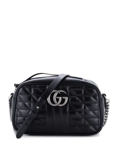 Pre-owned Gucci Gg Marmont Shoulder Bag Mixed Matelasse Leather Small Crossbody Bag In Black