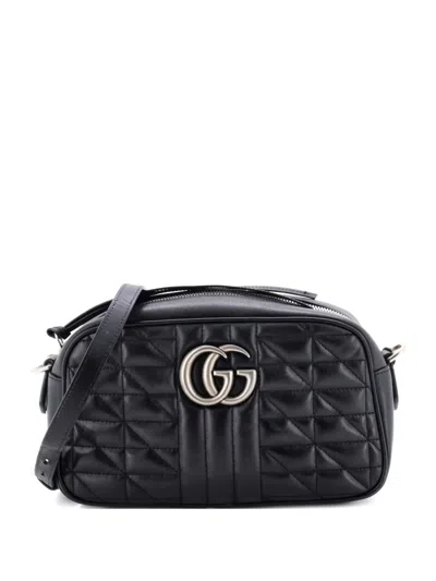 Pre-owned Gucci Gg Marmont Shoulder Bag Mixed Matelasse Leather Small Crossbody Bag In Black