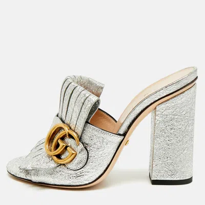 Pre-owned Gucci Gg Marmont Size 34 Silver Leather Slide Sandals