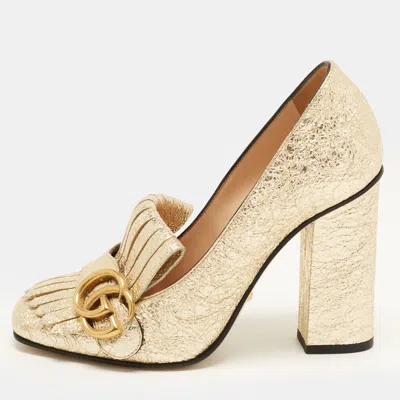 Pre-owned Gucci Gg Marmont Size 36 Gold Foil Leather Block Heel Pumps