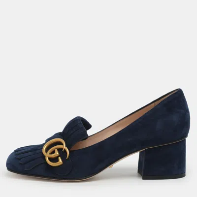 Pre-owned Gucci Gg Marmont Size 36.5 Blue Suede Block Heel Pumps
