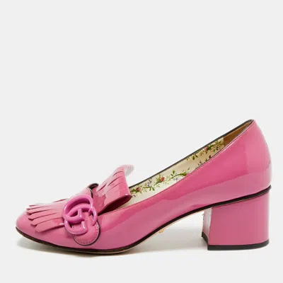 Pre-owned Gucci Gg Marmont Size 37 Purple Patent Leather Block Heel Pumps