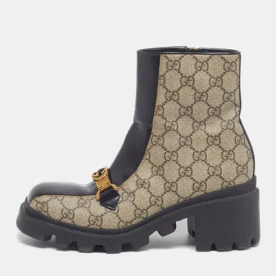 Pre-owned Gucci Gg Marmont Size 37.5 Black/beige Canvas And Leather Ankle Length Boots