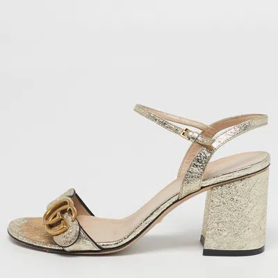 Pre-owned Gucci Gg Marmont Size 37.5 Metallic Gold Foil Leather Ankle Strap Sandals