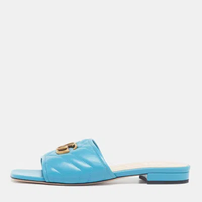 Pre-owned Gucci Gg Marmont Size 38 Blue Leather Flat Slide Sandals
